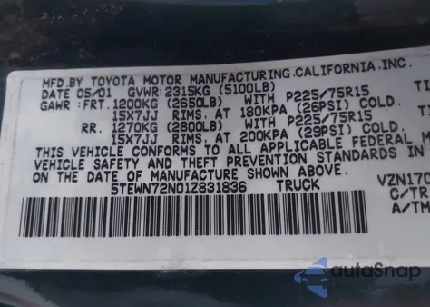 2001 Toyota Tacoma Base V6 from USA, damaged, VIN 5TEWN72N01Z831836